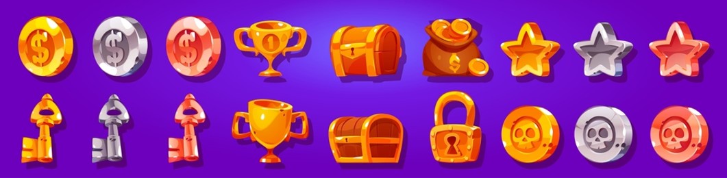 game icons cartoon coins of gold, silver and bronze with skull or dollar. golden trophy cup, rate stars, treasure chest, padlock and money sack. award medals for user experience vector gui graphic set