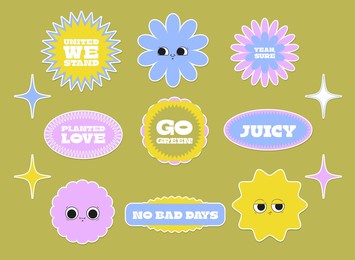 cute minimalistic vector sticker pack. a bundle of colourful retro shapes with phrases. stars, flowers, geometry with funny faces. editable badge clipart design.