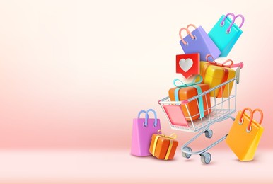 3d metal shopping cart plasticine cartoon style. vector illustration of trolley market with paper bags and present gift