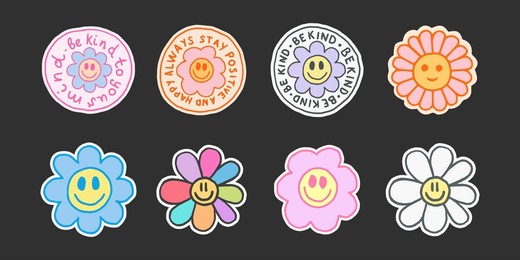 set of y2k cute smile flower stickers. pop art happy positive vector patches. funny emoticon groovy blossom.