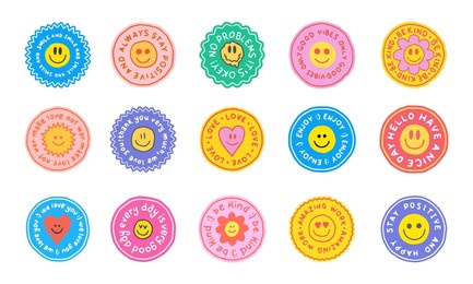 set of cool cute hand drawn stickers vector design. trendy emoji patches collection. comic pop art emoticons.