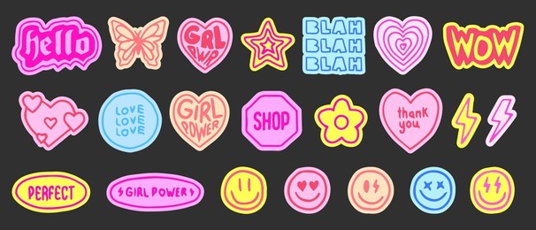 collection of cool cute hand drawn stickers vector design. trendy girly patches collection. smile emotions.
