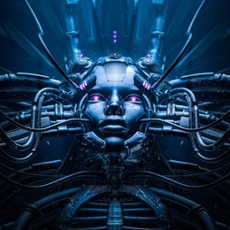 prototype mother - 3d illustration of metallic science fiction female artificial intelligence inside futuristic computer core