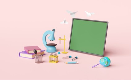 3d green blackboard with globe, paper plane, magnifying, microscope, beaker, test tube isolated on pink background. room online innovative education, e-learning concept,  3d render illustration