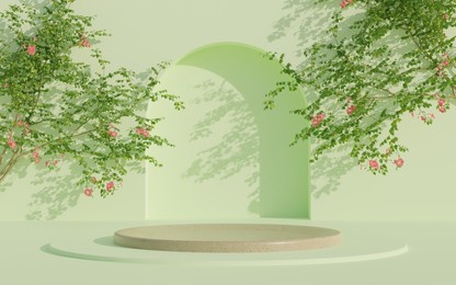 green 3d background with flowers, stone stand presentation scene mockup for product promotion. cosmetics stand showroom, pastel colors background beauty decoration template interior backdrop empty 3d 