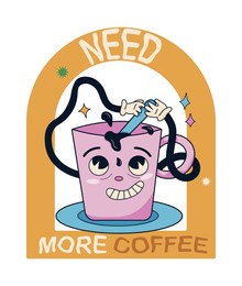 a retro cartoon sticker with a cup of coffee and the phrase. need more coffee. vector isolated illustration for posters, stickers, print. comic element in trendy retro cartoon style.