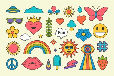 collection multicolored vintage pop art stickers elements decorative design vector illustration. set groovy style sun, sunglasses, cloud, hat, rainbow arch, eye, ice cream, flower summer hippie print