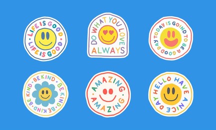 set of cool positive hand drawn stickers vector illustration. trendy funny colorful patches. retro pop art badges.