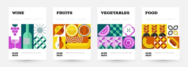 geometric food poster. abstract placard with minimalistic fruits and vegetables for food market and grocery. vector set. fair announcement with wine, citrus, banana, melon and pear