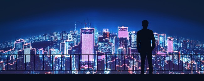 metaverse crypto currency technology concept, professional business man with blockchain network on futuristic neon city at night background in tokyo, japan