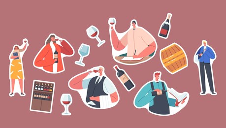 set of stickers sommelier or stewards wine degustation. restaurant expert characters drink alcohol beverages and writing opinion. shelf with bottles, barrel, wineglass cartoon people vector patches