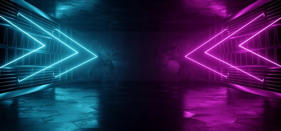 futuristic sci fi neon laser room garage hangar glowing purple blue arrow shaped beams tunnel corridor warehouse cement floor metal construction showroom 3d rendering illustration