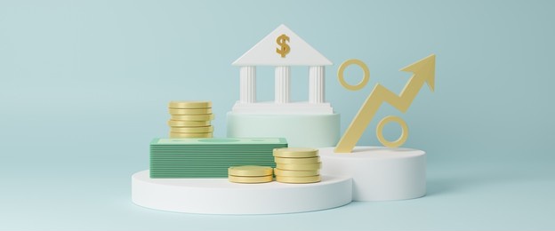 increasing arrow and stack of money as financial saving rising concept on white podium, increasing of interest rates, financial concept and business profit growth concept, 3d rendering illustration.