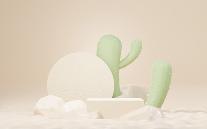3d mock up brown cream podium with cactus and sands desert mini theme. pedestal stage for product and cosmetic presentation. abstract colorful scene for advertising. sale promotion background.