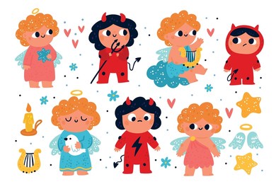 cute devils and angels. funny kids fairytale creatures. red demons and pretty cupids. good and bad. different emotions. hell or heaven. vector religious saint or evil