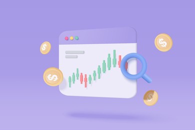 3d online trading with browser on purple background. browser using funding business graph on computer with money coin concept. 3d vector trading for business investment render illustration