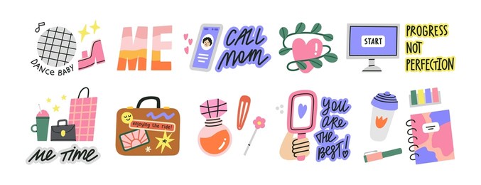 stickers set. vector illustrations of different events: travel, family, party, work, daily routine etc. life style and self care concept.
inspirational design and motivating phrases in trendy colors. 