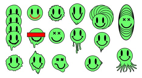a set of psychedelic smiles, positive emotions, melting molten or oozing smiles. smile, symbol. isolated elements on a white background.