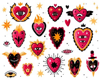burning hearts tattoo. mexican traditional memorial symbols, color old school style, flames and eyes stickers, hot love patches, vector set