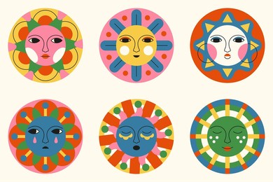 bundle of stylized abstract suns with face. drawn character with emotion. colorful isolated illustration with ethnic elements. stickers for decor, logo, printing, textiles, packaging. vector pattern