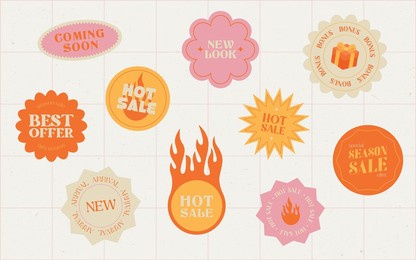 retro trendy promotion stickers set. new arrival. bonus. sale. best offer. coming soon. shopping stickers pack or icons collection. vector illustration