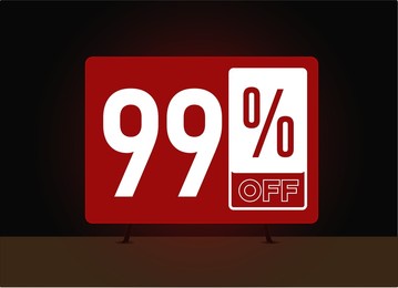 99% off. black background, wooden floor and tv with 99% discount. vector discount tv concept.