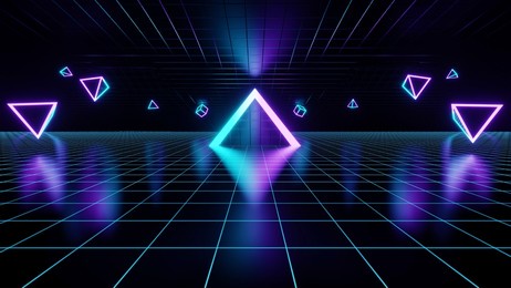 3d abstract neon background, geometric background with polygonal structure, cyber space virtual reality, podium show products, place for product, colored neon lights, retro sci-fi style.