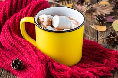 mug full of hot chocolate with marshmallow on a knitted woolen scarf. warming drink for fall and winter