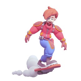 funny kawaii positive teenage girl with an open smiling mouth wears red puffer jacket, blue jeans rides futuristic sci-fi skateboard flying in air. minimal style. 3d render isolated on white backdrop.