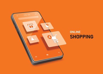 online shopping icons pop up on the smartphone screen for making advertisements on online shopping application platforms,vector 3d isolated on orange background for promotion sale design