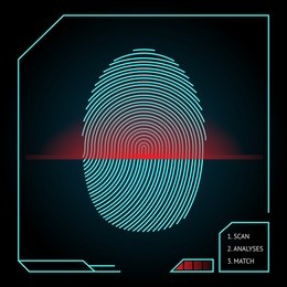 fingerprint scanning and identification showing a blue whorled print with a red scanner beam on an electronic device for access and security  vector illustration