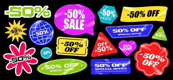 sale sticker -50%. bright multi-colored stickers, different shapes, with a realistic paper texture. isolated on black background