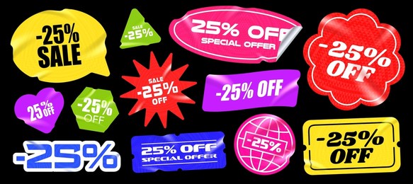 sale sticker -25%. bright multi-colored stickers, different shapes, with a realistic paper texture. isolated on black background