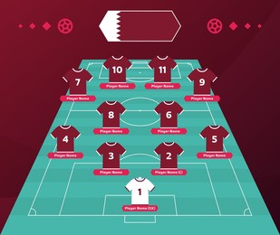 qatar football team formation. soccer or football field with 11 shirt with numbers vector illustration. soccer lineup