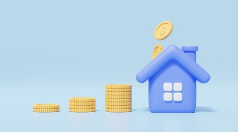 3d gold coins stack and falling into blue house on blue background. home model with windows, door icon. financial investment growth concept. mockup cartoon icon minimal style. 3d render illustration