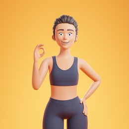 cheerful beautiful cartoon character woman black sportswear showing ok gesture over yellow background. 3d render illustration.