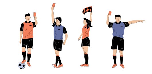 set of isolated football, soccer arbitrator characters. men and women in motion, showing different gestures.