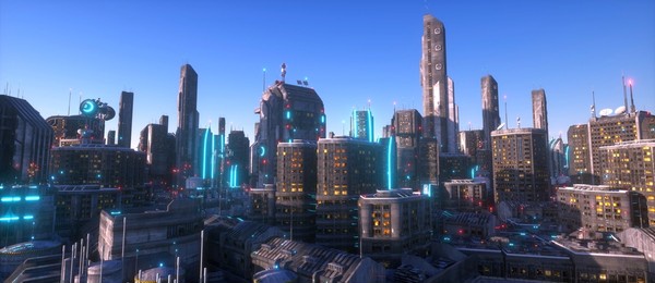 neon city of a future. industrial zone in a futuristic city. wallpaper in a cyberpunk style. grunge cityscape with bright neon lights and huge futuristic buildings. 3d illustration.