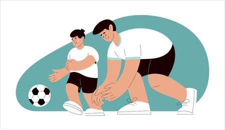 father teaching son to play football, kick ball. vector illustration in flat funny cartoon style. man and boy soccer players. sports game. isolated footballers template. modern trend character.