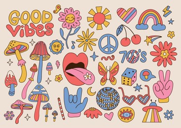 big set of retro 70s groovy elements, cute funky hippy stickers. cartoon daisy flowers, mushrooms, peace sign, lips, rainbow, hippie collection. positive hand drdawn vector isolated symbols .