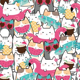 seamless pattern kawaii summer cute cats.  design for scrapbooking, decoration, cards, paper goods, background, wallpaper, wrapping, fabric and all your creative projects. vector illustration