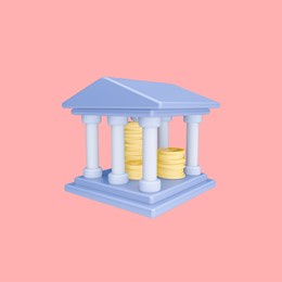 3d render illustration of bank with coins inside. simple icon for web and app. modern trendy design. isolated on pink background.