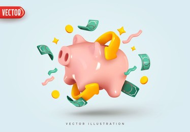 piggy bank with money creative business concept. realistic 3d design. pink pig keeps gold coins. keep and accumulate cash savings. safe finance investment. financial services. vector illustration