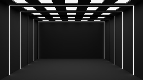 dark black empty architecture interior space room studio background backdrop wall display products minimalistic. 3d rendering.