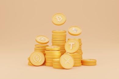 3d rendering of bitcoin coins in various stacks on on glod background. blockchain cryptocurrency digital currency concept, bitcoin, binance, ethereum, btc, bnb, eth, usdt, usdc, xrp.