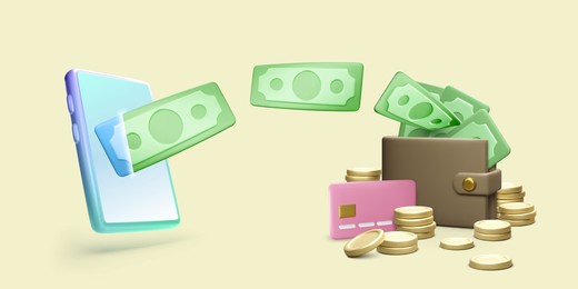3d mobile phone with flying paper currency wallet with credit card and gold coins. online payment or transaction concept. wireless financial management app. vector illustration