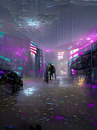 a 3d digital render of a cyberpunk city in the rain with purple lights. 