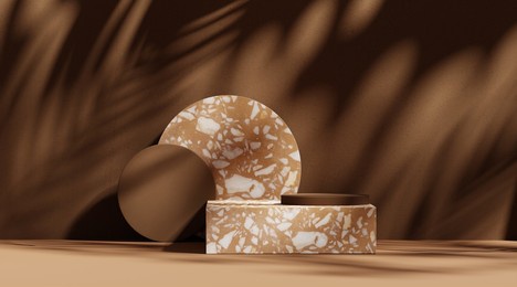 3d podium display on brown, background with black terrazzo stone. brown cosmetic, beauty product promotion rock pedestal with palm leaf shadow. natural showcase set . abstract minimal studio 3d render