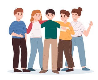 happy friends group gathering, holding hands and hugging together. young friends diverse group standing together  illustration. friendship and communication concept gathering friends