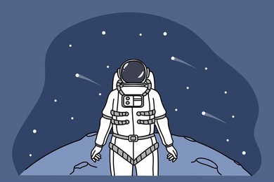 astronaut in spacesuit explore planet in universe look in space full of stars. cosmonaut or spaceman stand on surface of moon, have mission in open cosmos. flat vector illustration. 